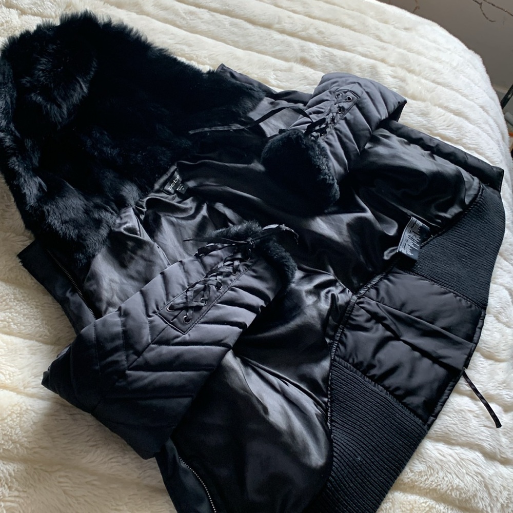 Bebe RARE Y2K Lace Up corset HOODED DOWN Fill Genuine Rabbit FUR jacket M🇨🇦 - Picture 2 of 15